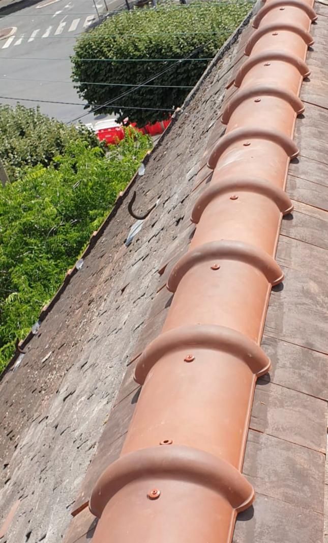 Rang de faîtières sur une toiture en tuiles
